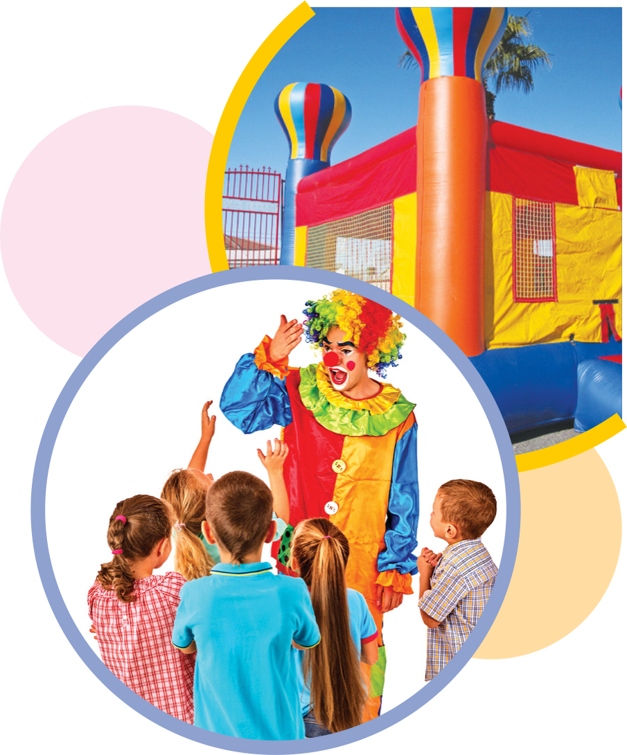 party planing - jumping castle and clown